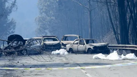 EPA Burnt cars and body bags on the N236 road between Figueiro dos Vinhos and Castanheira de Pera, near Pedrógão Grande., central Portugal, 18 June 2017