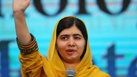 Reuters Nobel laureate Malala Yousafzai waves as she arrives for an event with students at Tecnologico de Monterrey University in Mexico City