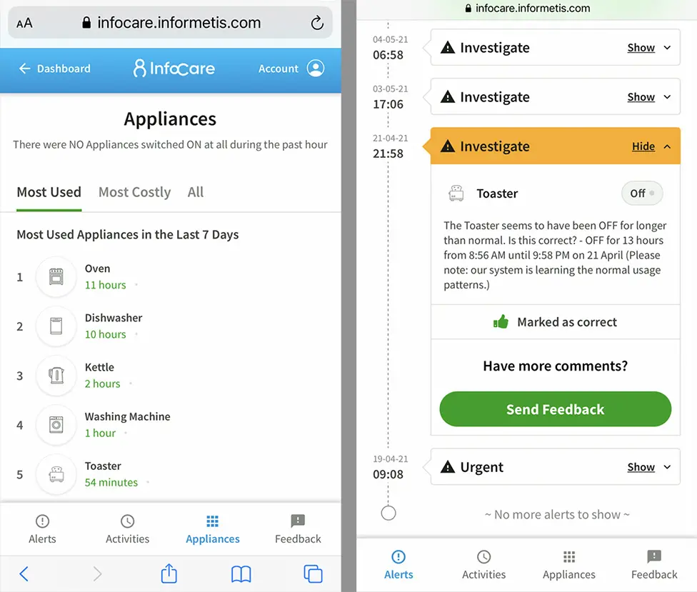 Informetis Two smartphone screenshots showing a weekly appliance overview and a warning about the toaster, which was off for 13 hours.