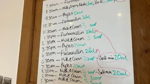 Anne-Marie Tasker/BBC Whiteboards showing times when medication needed for baby Charlie