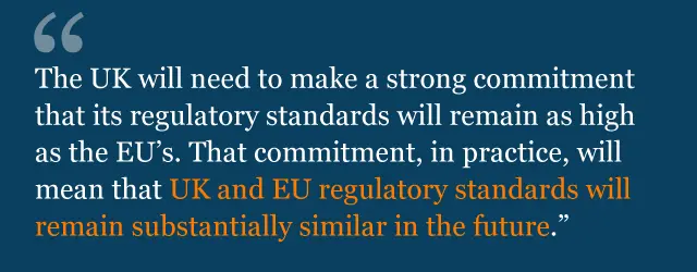 Text from Theresa May speech saying: The UK will need to make a strong commitment that its regulatory standards will remain as high as the EU's. That commitment, in practice, will mean that UK and EU regulatory standards will remain substantially similar in the future.