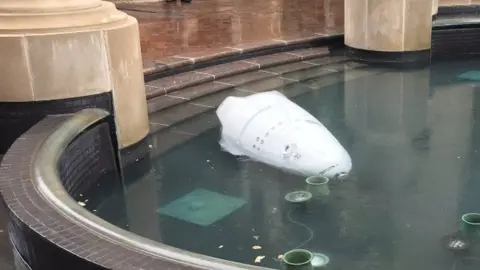 Melissa Morales Knightscope robot in a fountain