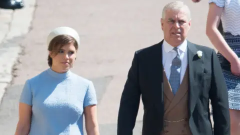 Samir Hussein Princess Eugenie arriving with her father, Prince Andrew, for the royal wedding in May