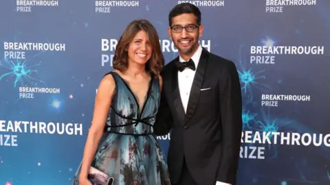 Getty Images Anjali Pichai and Sundar Pichai attend the 2020 Breakthrough Prize Ceremony at NASA Ames Research Center on November 03, 2019 in Mountain View, California.