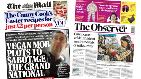 Front covers of the Mail on Sunday and Observer for 2 April