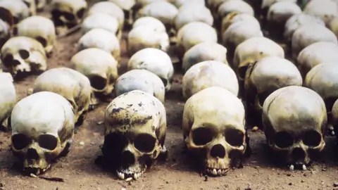 Getty Images Skulls lined up outside a chapel in Rwanda - as authorities tried to determine the extent of the genocide, 1994