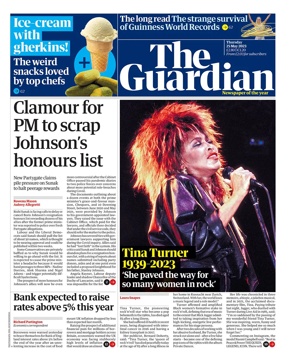The headline in the Guardian reads: "Clamour for PM to scrap Johnson's honours list"