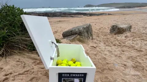 Tennis balls in the box at the beach