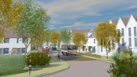 Urban Design Box A computer-generated image showing houses on a street, a bus, trees, and people walking on pavements.