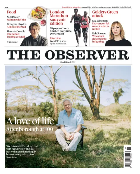 "A love of life: Attenborough at 100," reads the headline on the front page of the Observer.