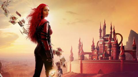promotional image from the new descendants film featuring red and a castle in the background
