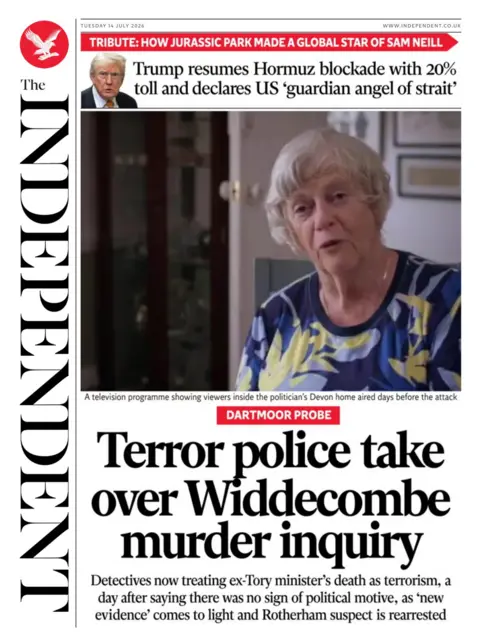 The headline on the front page of the Independent reads: “Terror police take over Widdecombe murder inquiry”.