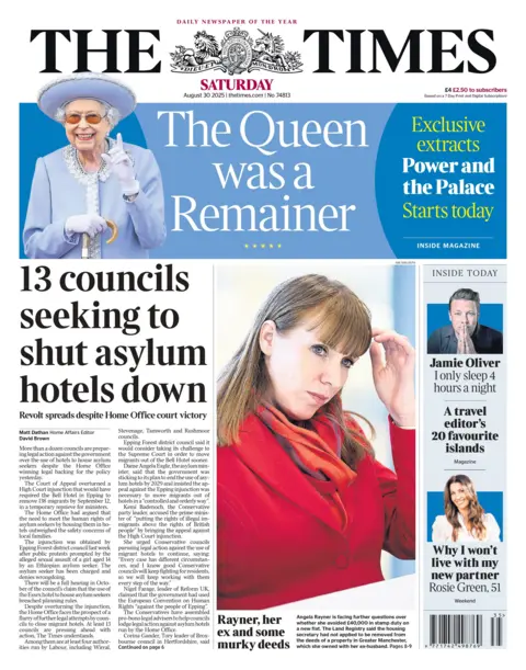 The headline on the front page of the Times reads: "13 councils seeking to shut asylum hotels down". 