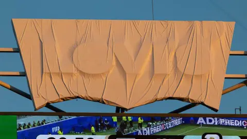 A tarpaulin over the Levi's branding at the Levi's Stadium in San Francisco Bay