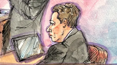 Reuters A courtroom sketch of Elon Musk side on sitting down, looking at a tablet screen.