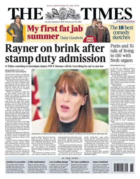 The headline on the front page of the Times reads: "Rayner on brink after stamp duty admission."