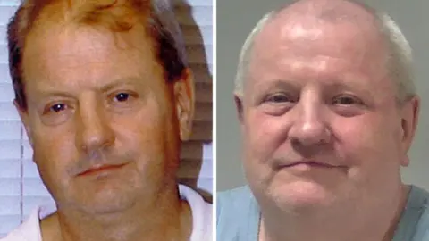 PA Media Side-by-side composite image of Steve Wright. The left-hand image was issued in 2008 and shows him wearing a white polo shirt standing in front of a white Venetian blind. The right-hand image shows him looking much heavier and with less hair, smiling, and wearing a grey vest.