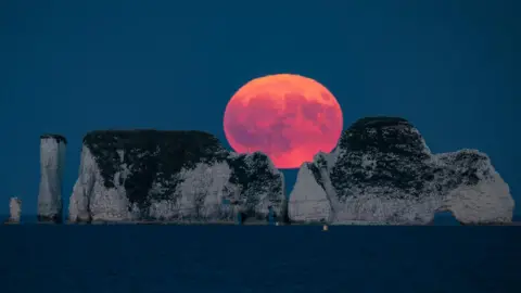 The Buck Moon, a large orange moon, above a formation of rocks and cliffs off the Dorset coast.