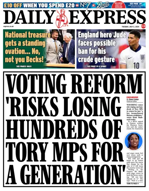 The headline in the Express reads: "Voting reform 'risks losing hundreds of Tory MPs for a generation'". 