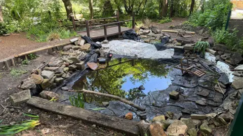 A partially drained and disassembled pond surrounded by stones and logs, with the exposed black liner and shallow muddy water visible. Scattered debris, including plant pots, pieces of wood, and rocks, lies inside the pond. A small dark wooden footbridge crosses a narrow section of water at the back, leading into a shaded, tree-filled garden area with dense greenery. Nearby, a simple wooden bench, a pile of stones, and a small archway structure are visible, suggesting an outdoor landscaped space undergoing maintenance or renovation.