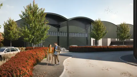 CGI art impression of how the development might look. It shows a warehouse in a dark green metal cladding surrounded by greenery and a car park.