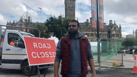 bbc/aisha iqbal Bradford city centre business owner Hamza Abbas says he has to close his shop after taking dropped by 95% due to city centre roadworks