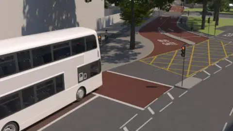 Bristol City Council An artist’s impression of a new bus-only road on Bedminster Parade with a white double decker bus waiting at a traffic light and a bus gate off to the left, marked with a red surface