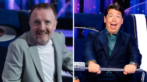Split screen: Chris McCausland (left) and Michael McIntyre (right)