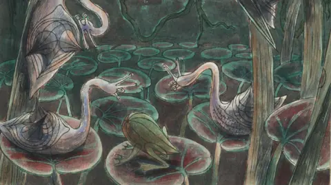 Edward Bawden A dark illustration of a number of snails on Lily pads. There are three snail creatures and one that looks like a frog. 