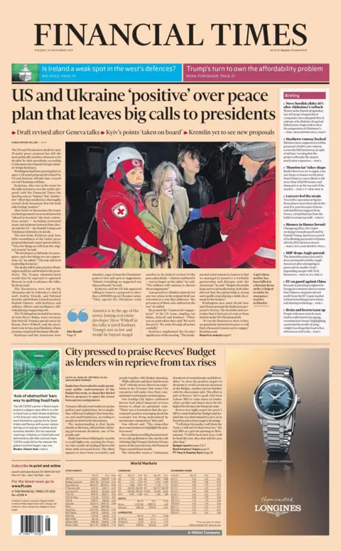 "US and Ukraine 'positive' over peace plan that leaves big calls to presidents," reads the headline on the front page of the Financial Times reads.