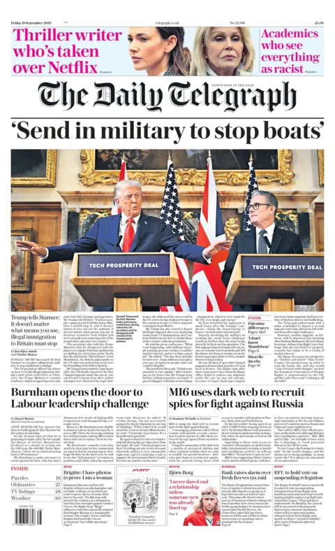 "'Send in military to stop boats'," reads the headline on the front page of The Daily Telegraph.