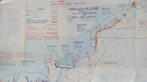 Jacob King/PA Wire A map of the French coast, which is split into sections with details for each included. At the top of the page, it reads: "U.S. Most Secret" and "British Most Secret"