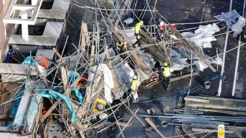 Eddie Mitchell An aerial view of scaffolding collapsed in First Avenue, Brighton.