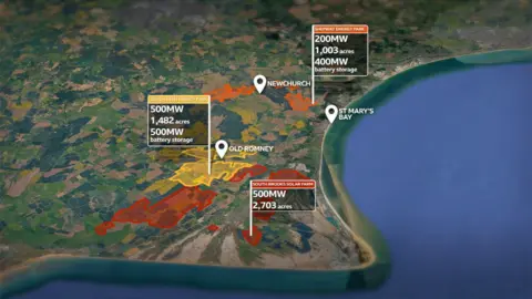 Google A map shows an aerial view of the Romney Marsh. In three different colours the proposed solar parks are highlighted. 