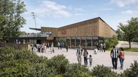 A CGI image of Maidenhead United's potential new stadium, showing people milling outside it. It appears to have an open terrace with people meeting and wooden cladding on the outside at the top of a small stand, with windows beneath it.