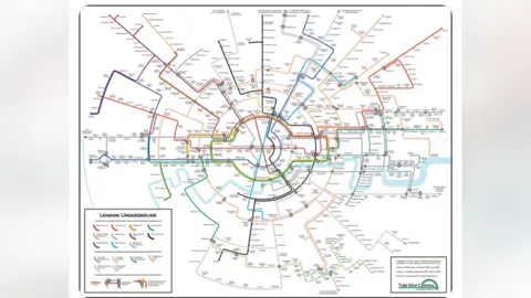 Maxwell Roberts tiene un diagrama de tubos codificado por colores con forma de rueda que muestra cómo se conecta cada una de las 11 líneas.