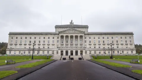 PA Media Parliament buildings at Stormont, a white Georgian style building pictured from the front, with the road leading up to it. 