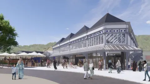 An artist's impression of outside the new-look Dewsbury Market and public space, with covered stalls, bikes and trees to the left.