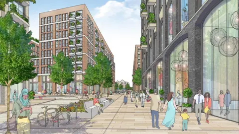 A computer generated image showing a busy town centre with high-rise buildings around a central square with benches and trees on it.