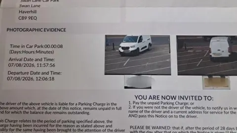 Supplied A close-up of a piece of paper on which there are two photos. One photo shows a white van entering a car park, while the second photo shows the white van leaving a car park.