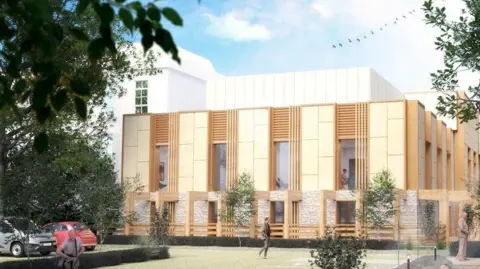 Cheltenham & Gloucester Hospitals Charity An artist's impression of a modern cancer treatment centre with cream cladding, light wooden details and large windows. There is a large green space and a car park to the front, with trees surrounding.