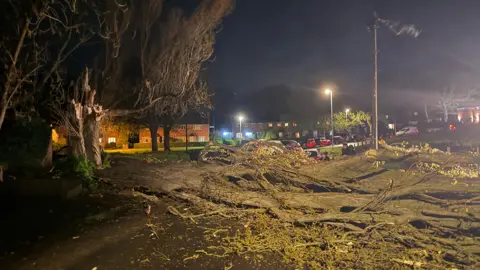 Ryan Bridgewood A tree down across a road at night. The remains of the stump is on the left, splintered at the top, with most of the tree lying across a road. There are houses in the background
