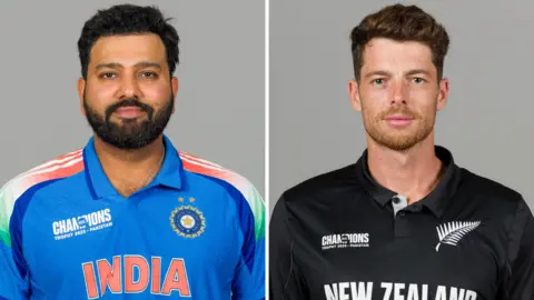 India captain Rohit Sharma (left) and New Zealand captain Mitchell Santner (right) split graphic