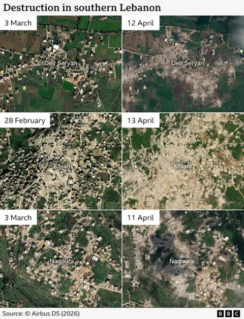 Airbus DS Before and after images showing the destruction and how buildings have been flattened in three towns and villages in southern Lebanon.