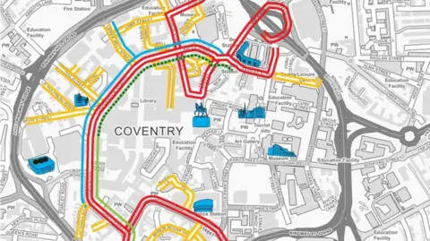Coventry City Council A map showing some streets in Coventry highlighted in red or yellow