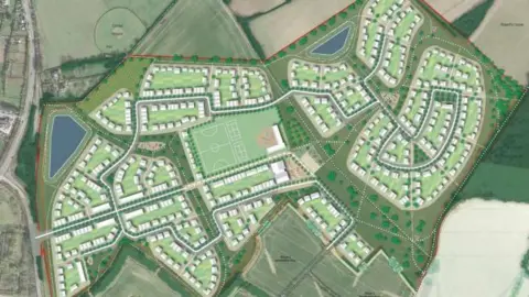 An ariel drawing of the planned site which sits alongside fields, hedges and one main road. There are white square houses laid out among green areas, with a tennis court and rec space in the middle and two small lakes at the edges.