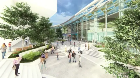 LCR Glass-fronted shopping centre with people on steps in front and trees at the side.