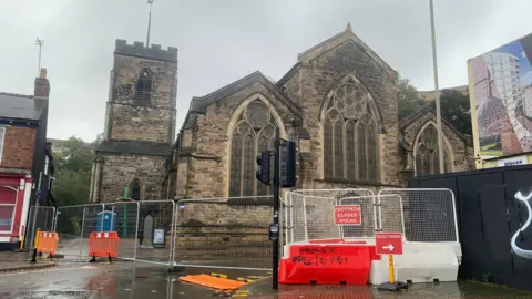 BBC Road closures outside All Saints Church in Leicester