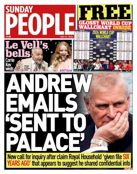 The headline on the front page of the Sunday People reads: “Andrew emails 'sent to palace'”.