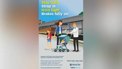 Chiltern Railways A cartoon-style warning poster showing a family and a pram near a platform edge with the words 'Stay back, Strap in, Hold tight, Brakes fully on'.